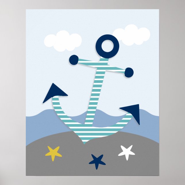 Nautical Blue Teal Grey Anchor Nursery Art Print (Front)
