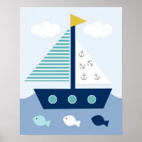 Nautical Blue Teal Grey Sailboat Nursery Art Print