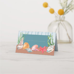 Nautical Blue Tropical Seashell Beach Wedding Place Card