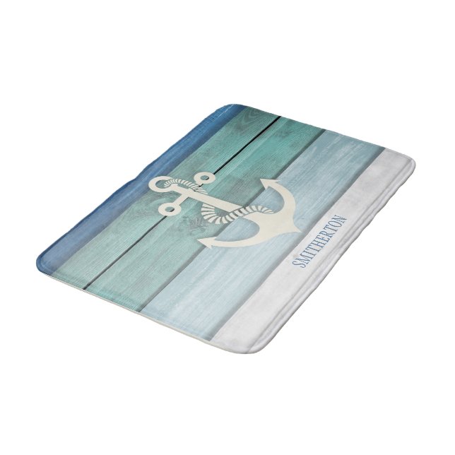Nautical Blue Turquoise Distressed Wood Anchor Bath Mat (Angled)