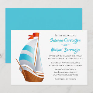 Nautical Blue Turquoise Wedding Sailboat Beach Invitation