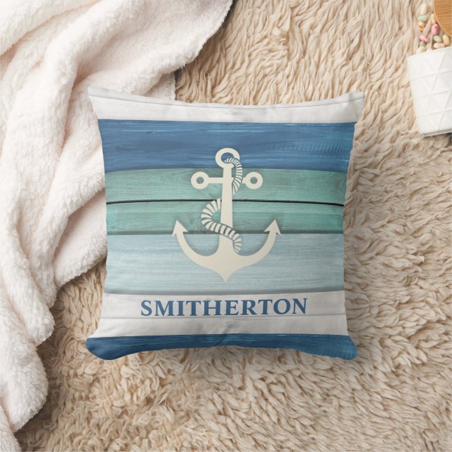 Nautical Blue Turquoise White Anchor Ocean Beach Cushion (Blanket)