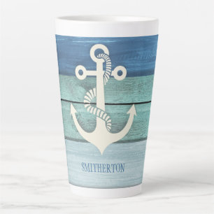 Nautical Blue Turquoise Wood Anchor Latte Mug