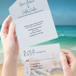 Nautical Blue Water Shells Beach Wedding All In One Invitation
