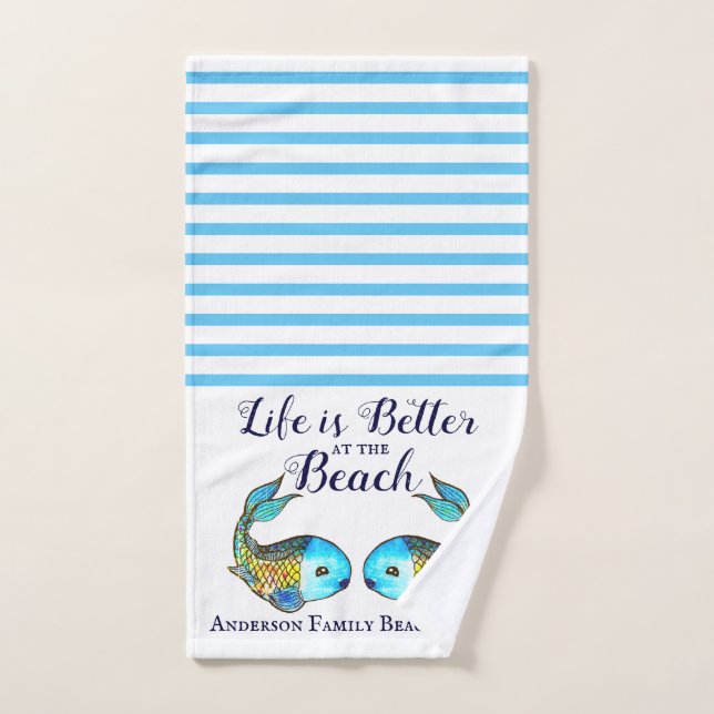 Nautical Blue Watercolor Fish Family Beach House Hand Towel (Hand Towel)