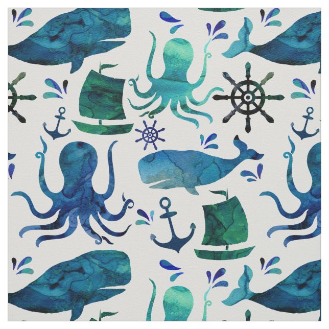 Nautical Blue Watercolor Octopus Shark Marine Fish Fabric (Swatch)