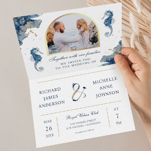 Nautical Blue Watercolor Seahorse QR Code Wedding Invitation