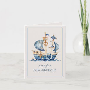 Nautical Blue Watercolor Ship Personalised Note Card