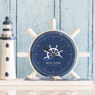 Nautical Blue Wave Navy Captain Ship Helm Boat Round Clock