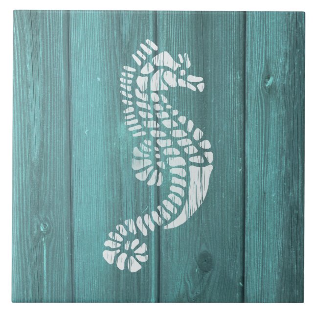Nautical Blue Weatherboard Seahorse Design Ceramic Tile (Front)