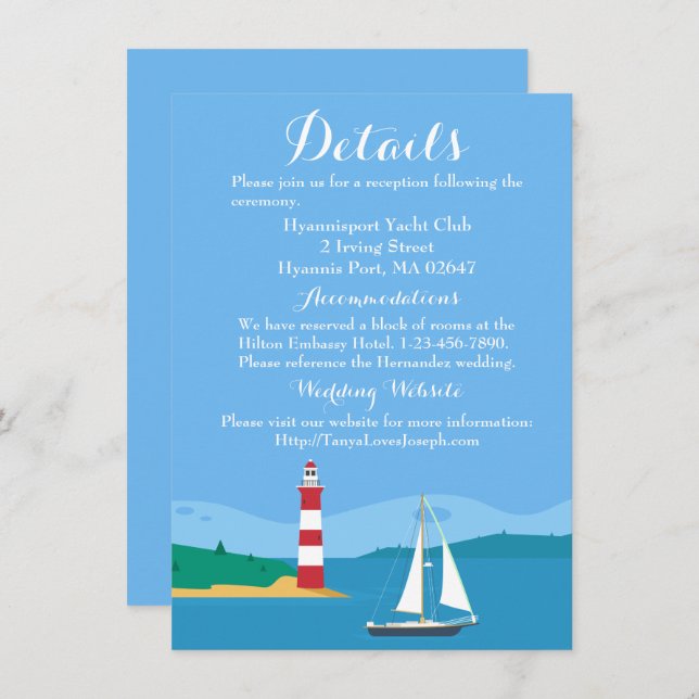 Nautical Blue Wedding Details Lighthouse Sailboat Invitation (Front/Back)