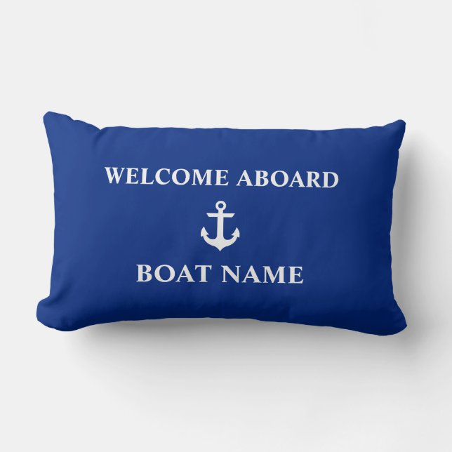 Nautical Blue Welcome Aboard Boat Name Lumbar Cushion (Front)