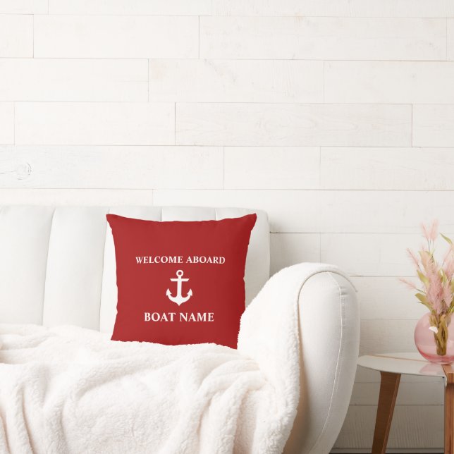 Nautical Blue Welcome Aboard Boat Name Red Cushion (Couch)
