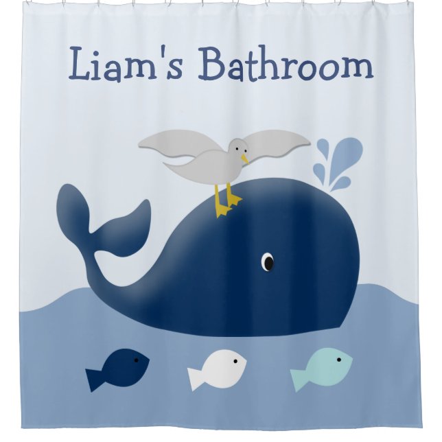 Nautical Blue Whale Sea Life Kid's Shower Curtain (Front)