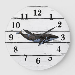 Nautical Blue Whale Shiplap Rustic Decor Large Clock