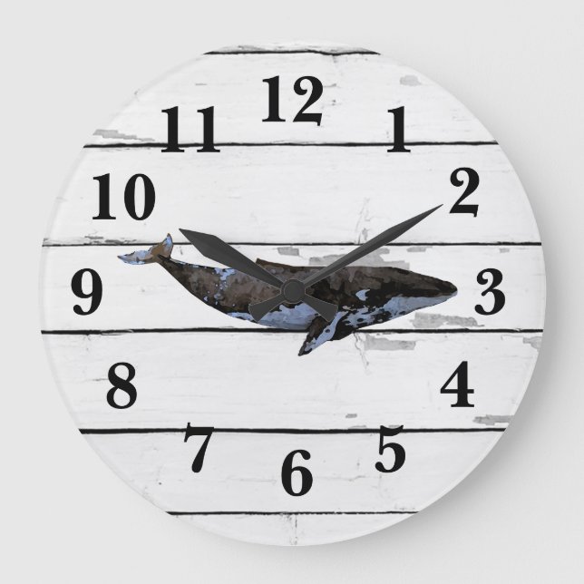 Nautical Blue Whale Shiplap Rustic Decor Large Clock (Front)