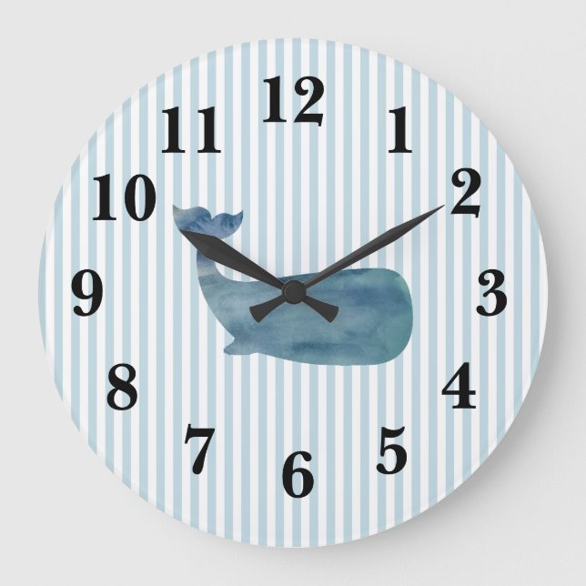 Nautical Blue Whale Stripe Preppy Large Clock (Front)