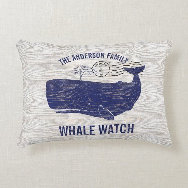 Nautical Blue Whale Watch Coastal Family Name Decorative Cushion (Front)