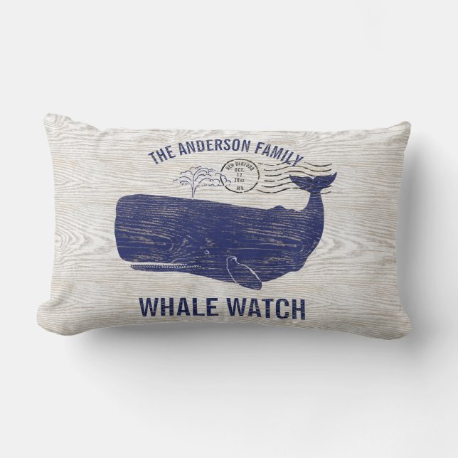 Nautical Blue Whale Watch Coastal Family Name Lumbar Cushion (Front)