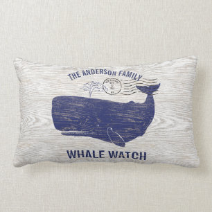 Nautical Blue Whale Watch Coastal Family Name Lumbar Cushion