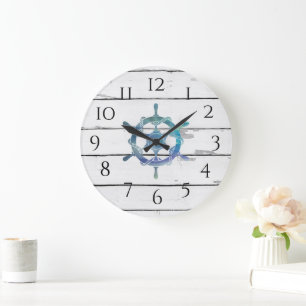 Nautical Blue Wheel Ship Rustic Decor Large Clock