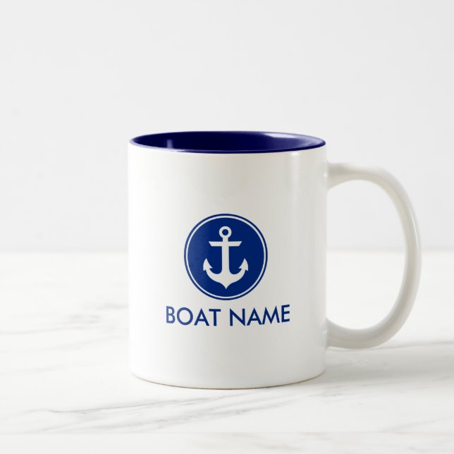 Nautical Blue White Anchor Boat Name Mug WB (Right)