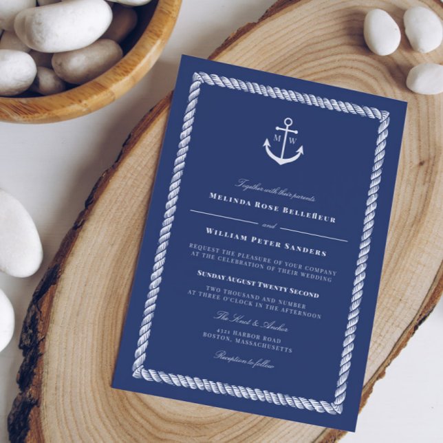 Nautical Blue White Anchor Monogram Wedding Invitation (Creator Uploaded)