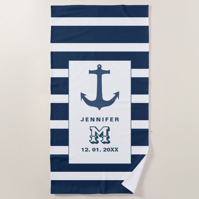 Nautical blue White Anchor Personalised Monogram Beach Towel (Front)