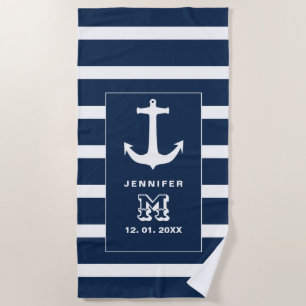 Nautical blue White Anchor Personalised Monogram Beach Towel