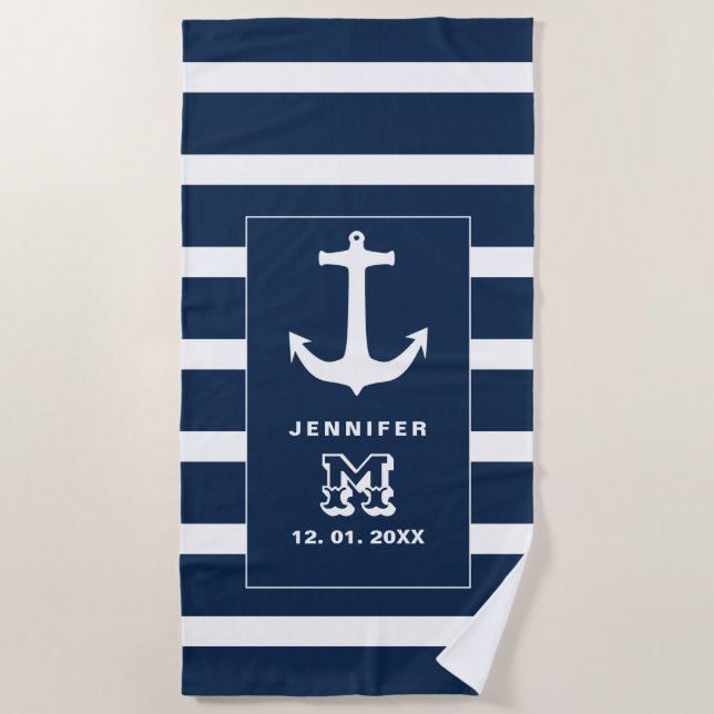 Nautical blue White Anchor Personalised Monogram Beach Towel (Front)