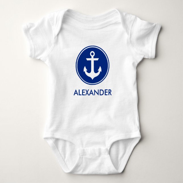 Nautical Blue White Anchor Personise Baby Bodysuit (Front)