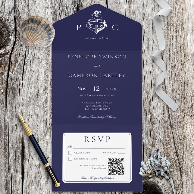 Nautical Blue & White Modern QR Code All In One Invitation (Creator Uploaded)