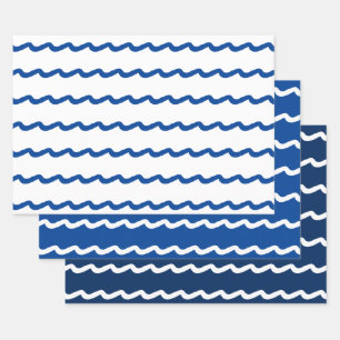 Nautical blue white ocean sea waves pattern modern wrapping paper sheet
