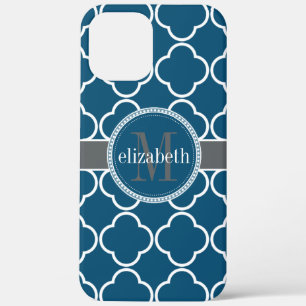 Nautical Blue   White Quatrefoil Clover Monogram iPhone 12 Pro Max Case