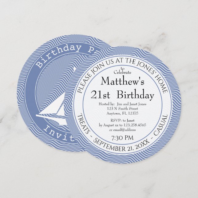 Nautical Blue/White Quirky Stripes For all Ages Invitation (Front/Back)