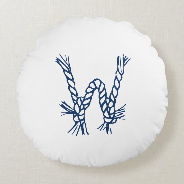 Nautical blue white sailing rope custom monogram  round cushion (Front)