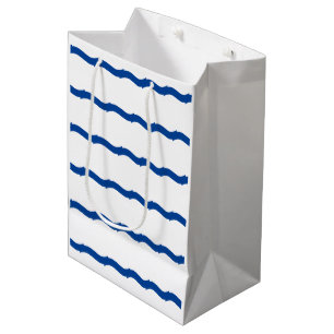 Nautical blue white sea waves stripes pattern medium gift bag