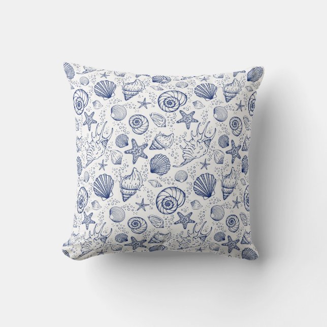 Nautical Blue White Seashell Starfish  Cushion (Front)