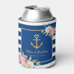 Nautical Blue White Stripe Anchor Heart Wedding Can Cooler