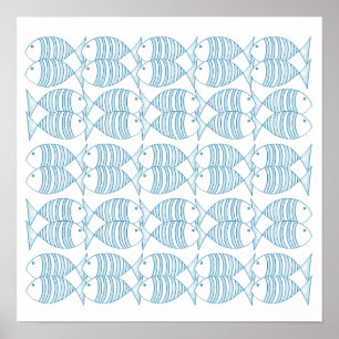 Nautical Blue White Stripe Fish Poster