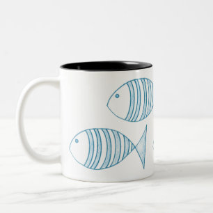 Nautical Blue White Stripe Fish Two-Tone Coffee Mug
