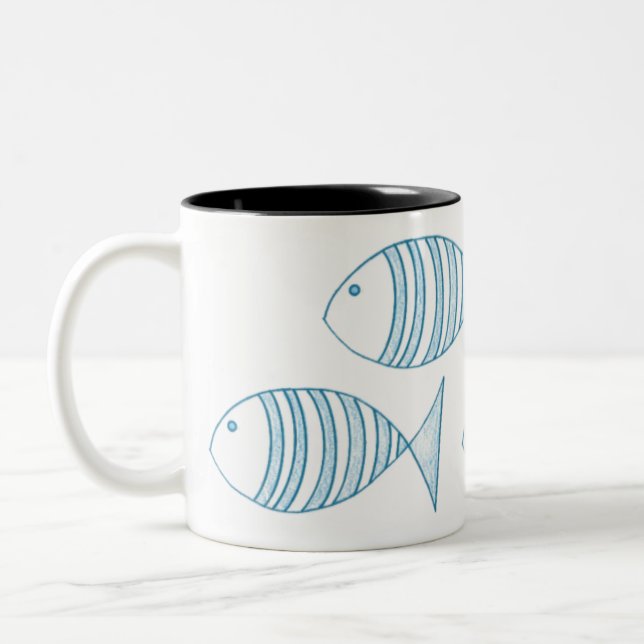 Nautical Blue White Stripe Fish Two-Tone Coffee Mug (Left)