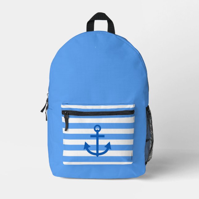 Nautical Blue & White Stripe Pattern with Anchor Printed Backpack (Front)