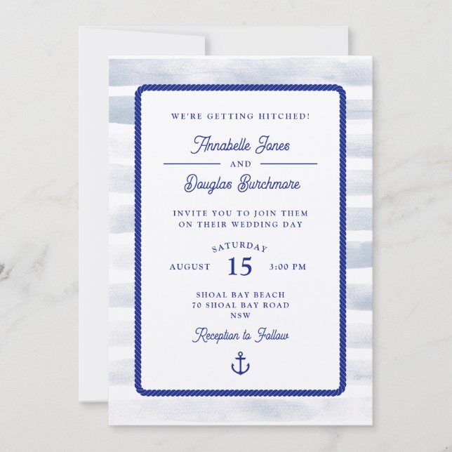 Nautical Blue White Stripe Watercolor Wedding Invitation (Front)