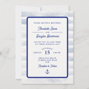 Nautical Blue White Stripe Watercolor Wedding Invitation