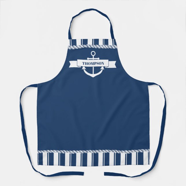Nautical Blue White Stripes Anchor Name Apron (Front)