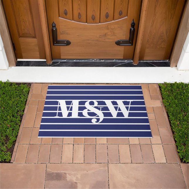 Nautical blue white stripes custom monogram chic doormat (Outdoor)