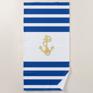 Nautical Blue White Stripes with Gold Anchor Beach Towel