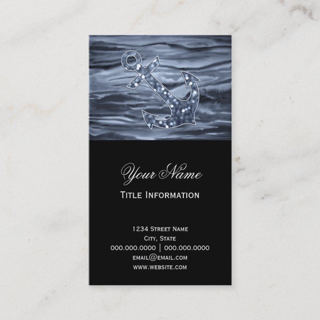 Nautical Bluish Grey Watercolor Glitter Anchor Business Card (Front)