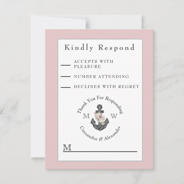 Nautical Blush Pink Floral Anchor Wedding RSVP Card (Front)